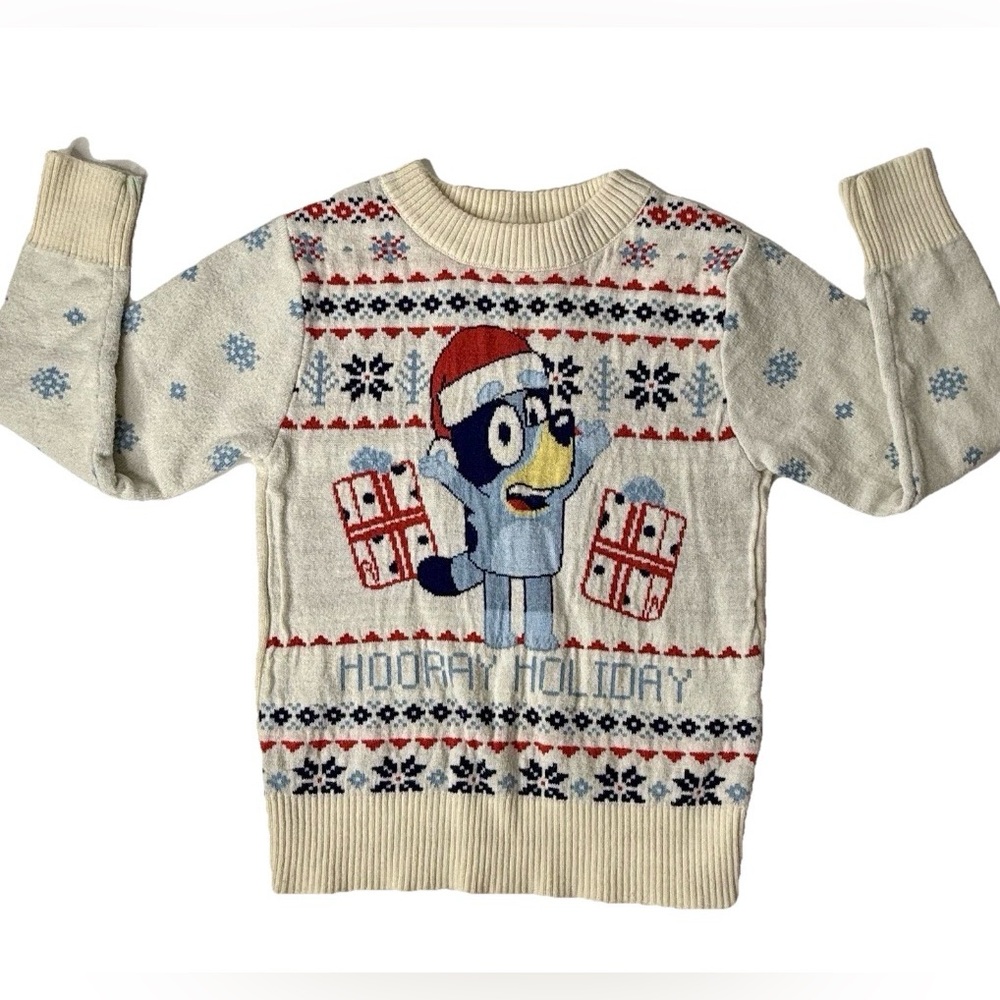 Bluey Toddler Child Hooray Holiday Christmas Sweater Cream Seasonal‎ Aussie Dog
